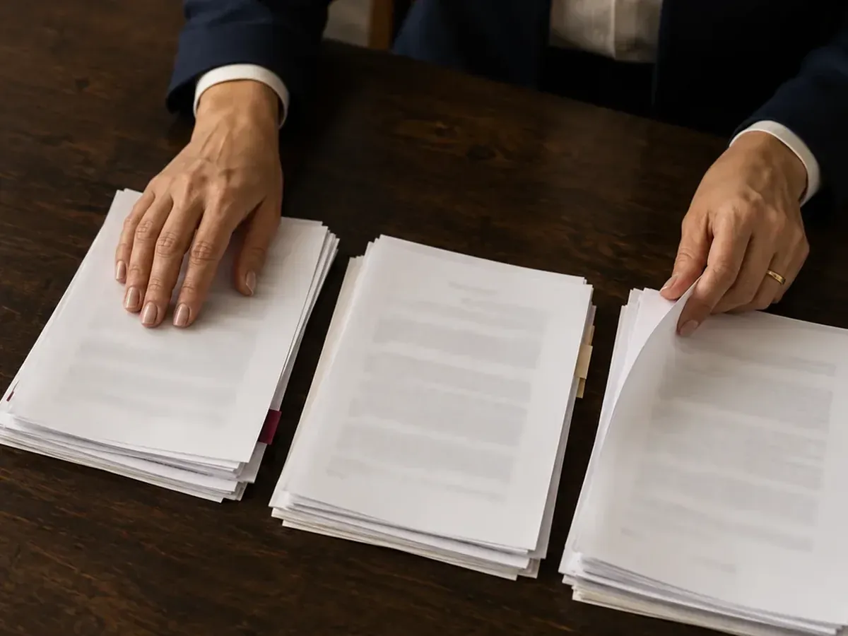 Documentos da partilha organizados em três pilhas