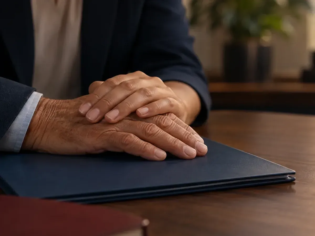 Mãos sobre uma pasta de documentos na mesa do escritório