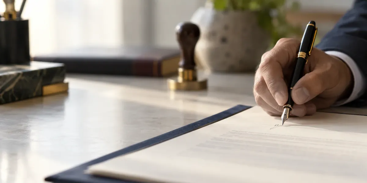 Mão assinando um documento com caneta-tinteiro